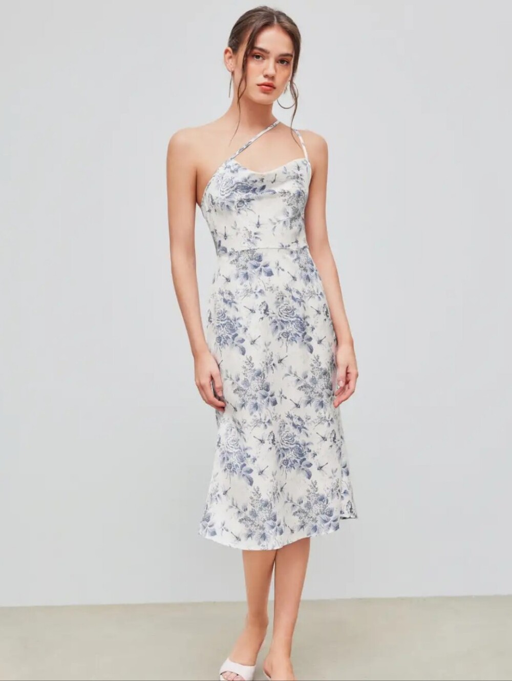 Floral And Dragonfly Cowl Neck Midi Dress
